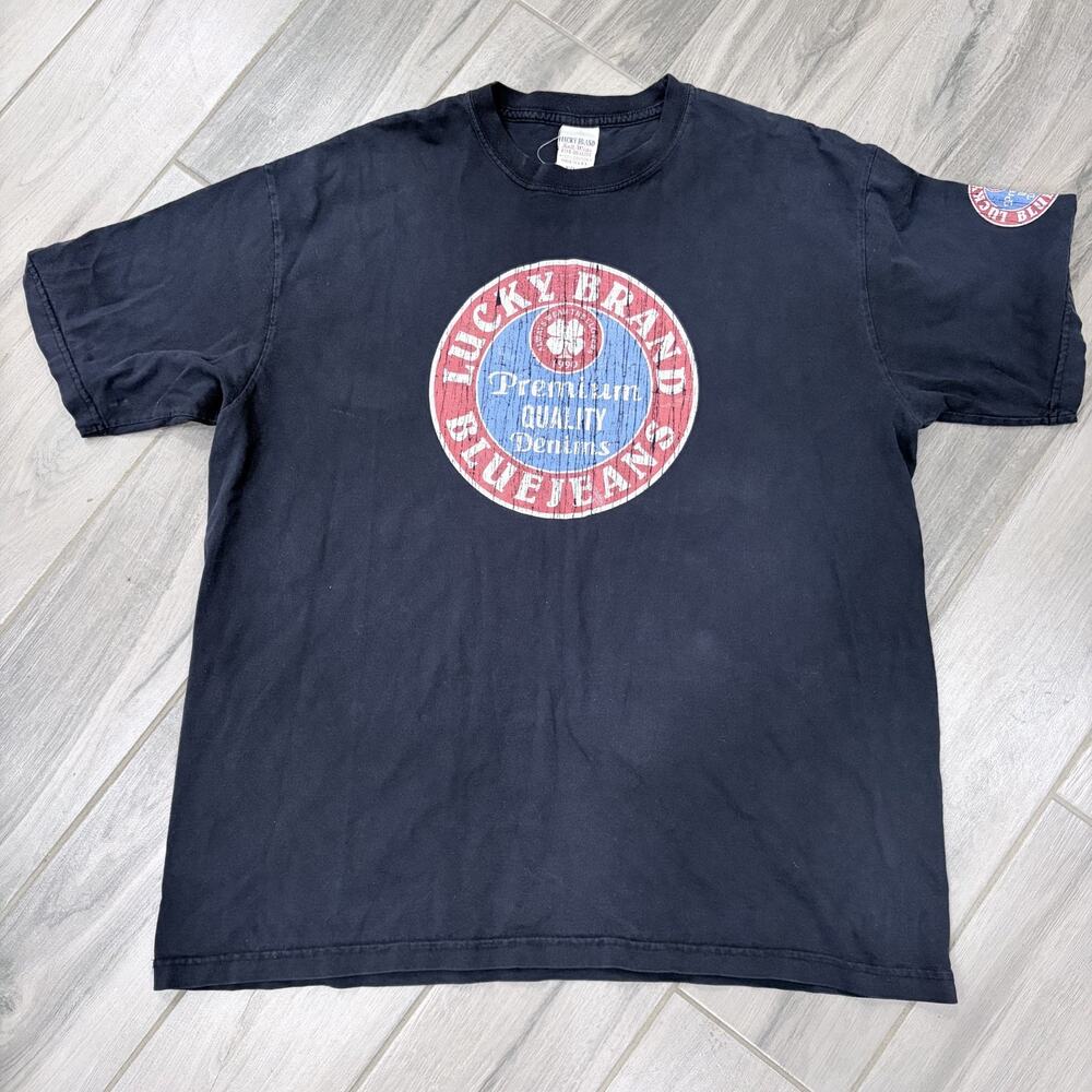 Vintage 90s Lucky Brand Classic Fit Navy T Shirt Sz L Made in USA Logo